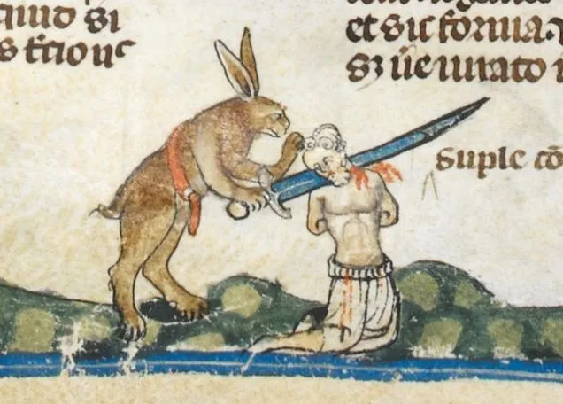 Medieval manuscript illustration of a rabbit with a knife