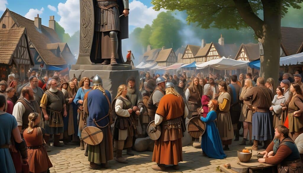 A group of Anglo-Saxon villagers in a bustling Viking market, with a towering Viking warrior statue in the background.