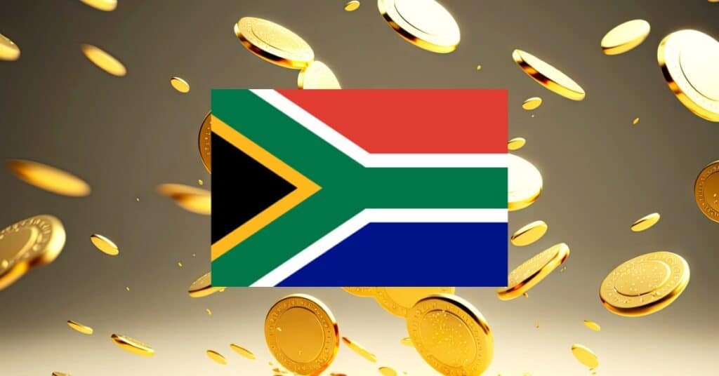 Shower of golden coins with South Africa flag in the center.