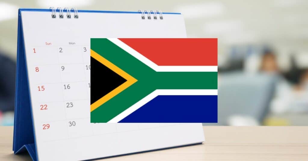 Desktop with pens, papers, camera, and magnifying glass representing nouns, with South Africa flag in the center.