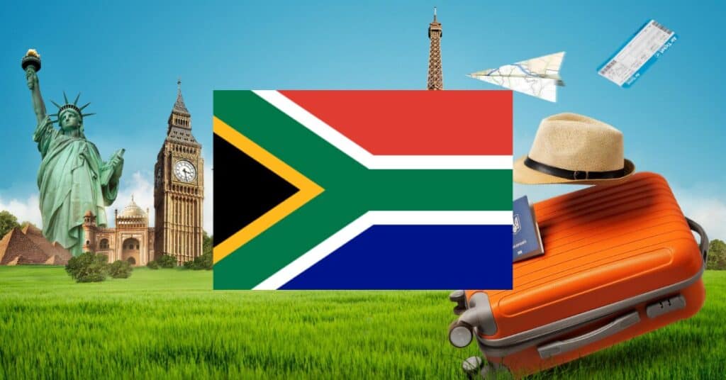 Background of famous landmarks with South Africa flag in the center - Statue of Liberty, Big Ben, Eiffel Tower.