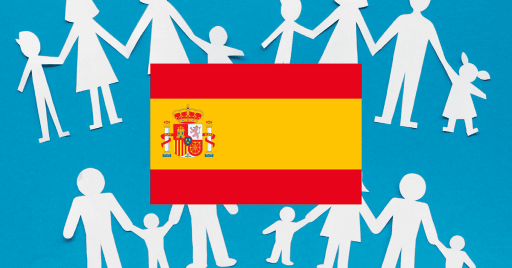 Learning games image: Paper dolls linked showing family members with a Spain flag in the center