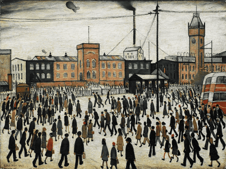 Image of the painting 'Going to Work' by L.S. Lowry showing matchstick people