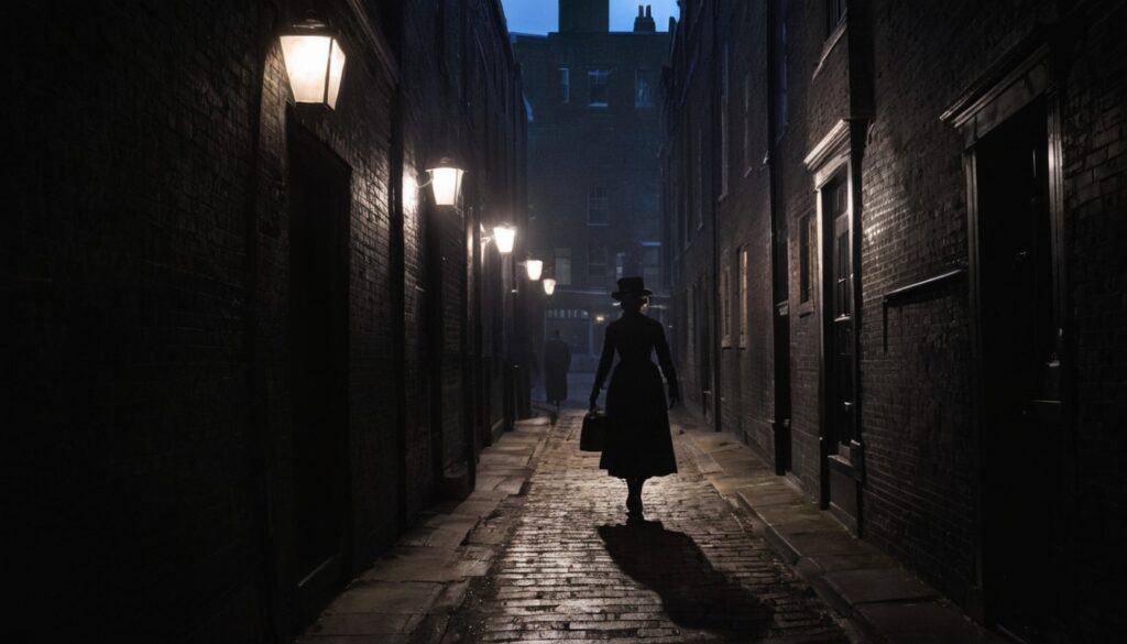 A lone woman walks through the streets of Victorian London