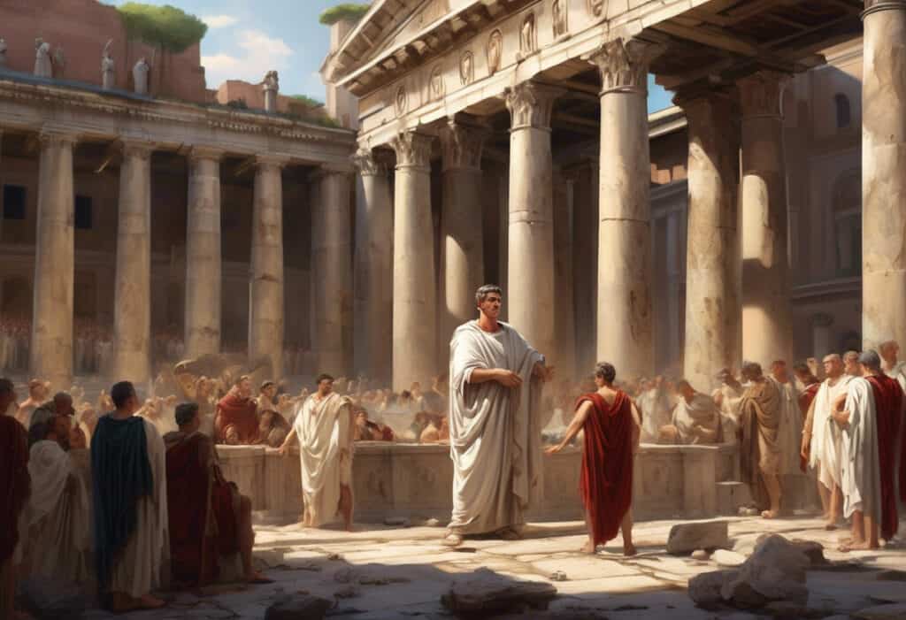 Roman Senate debating in Forum Romanum under Romulus statue