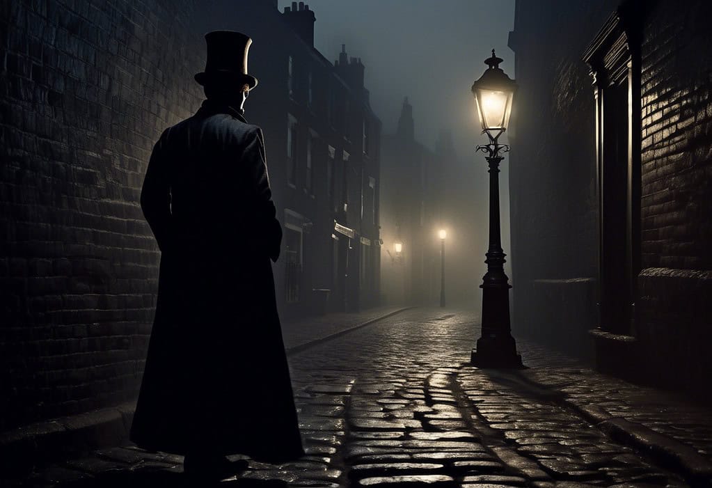 Victorian London dark fog alleyway figure cloaked in black