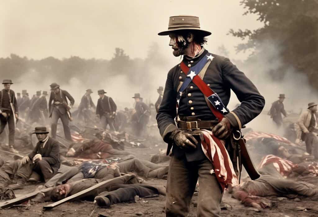 Union soldier holding tattered American flag at Gettysburg battlefield