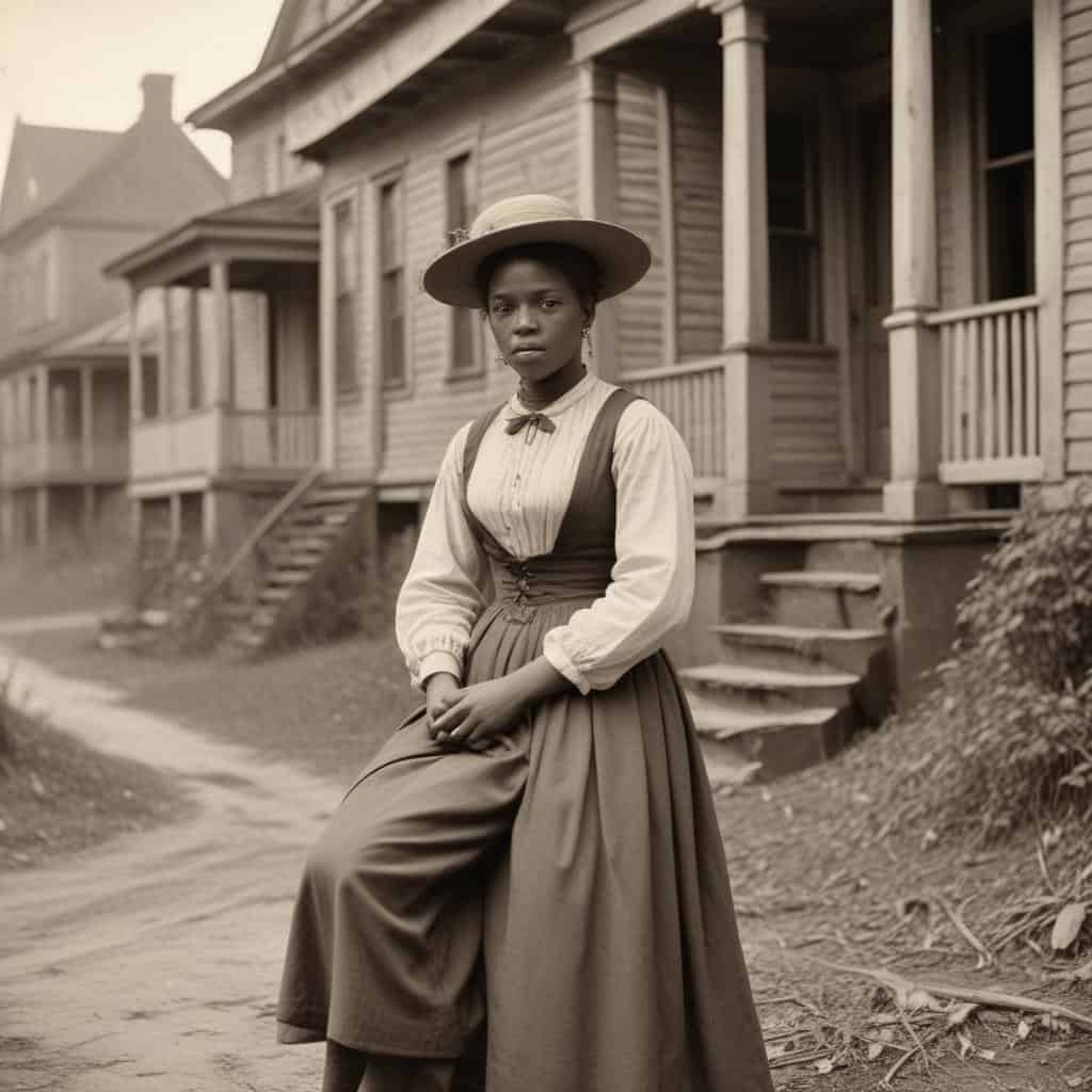 Young black woman sitting outside a house in the 1880s American South during Reconstruction Era