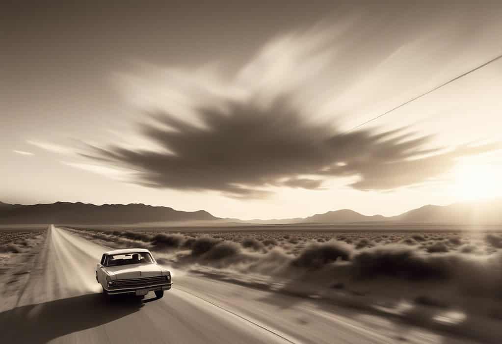 Black and white photograph of a beat-up car speeding down a dusty highway with young passengers on a cross-country road trip in 1950s America.