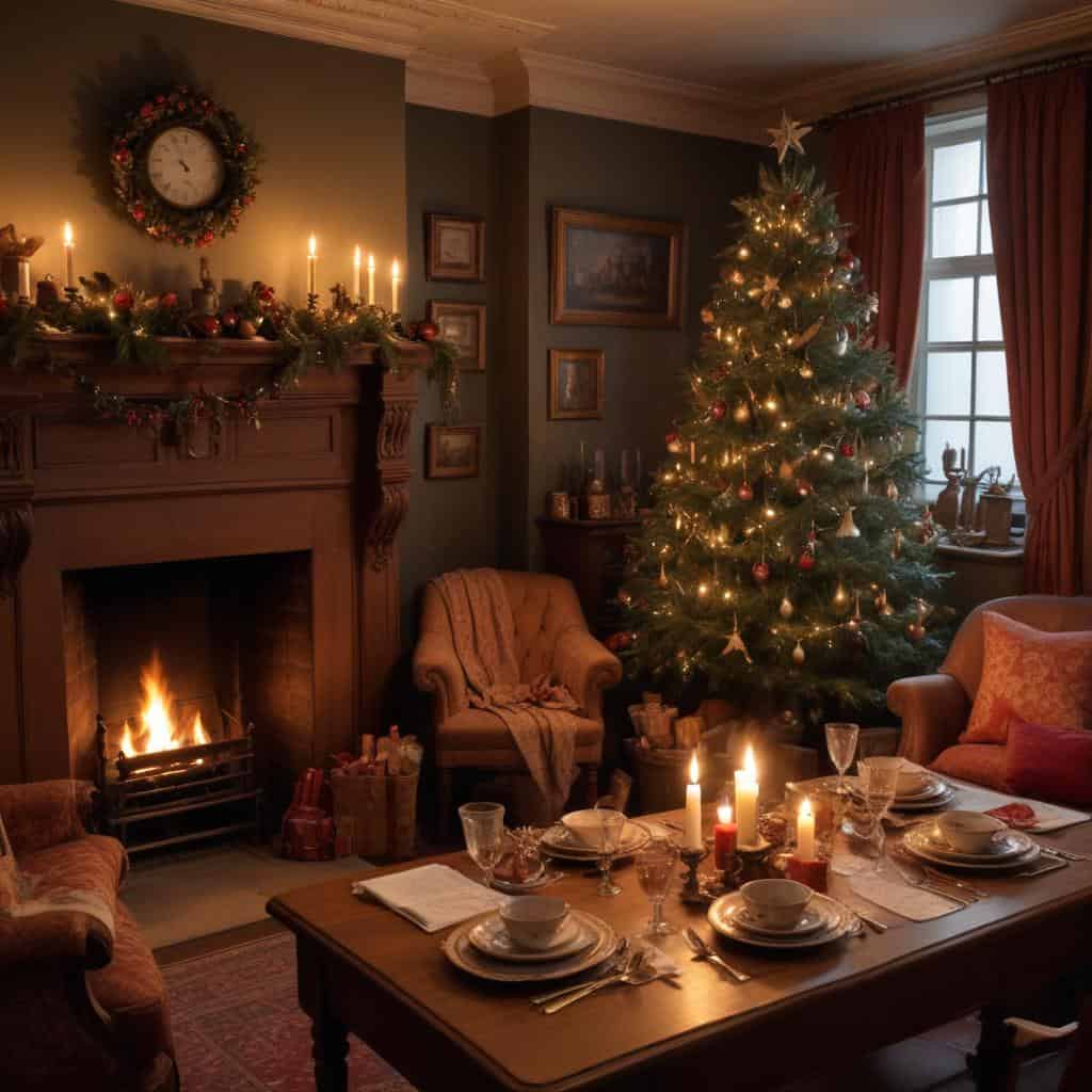 A cozy and festive Dickensian Christmas setting with historical decorations and attire