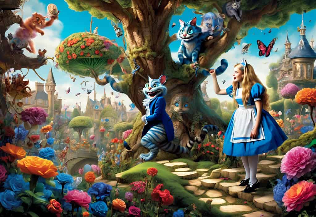 Alice encountering the Cheshire Cat in a whimsical garden