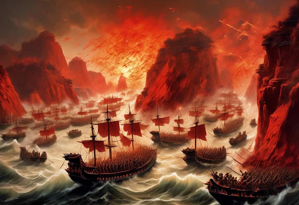 Battle of Red Cliffs 208 CE painting