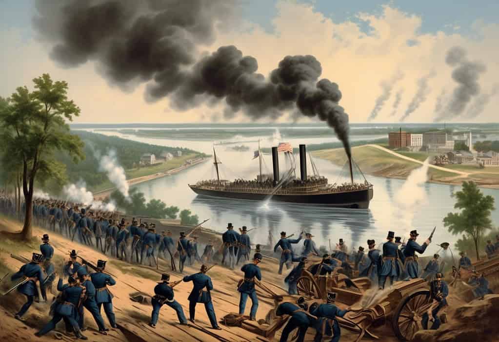 Ironclad warship and soldiers in the Battle of Vicksburg