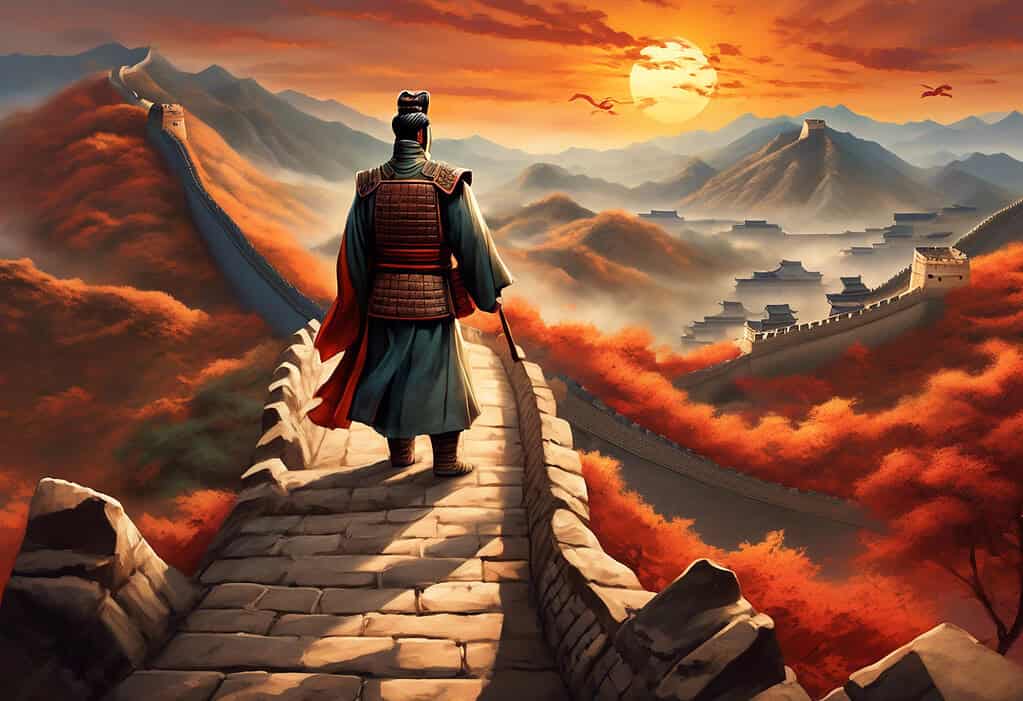 Emperor Qin Shi Huang on Great Wall of China overlooking newly unified empire with soldiers and Terracotta Army in the background