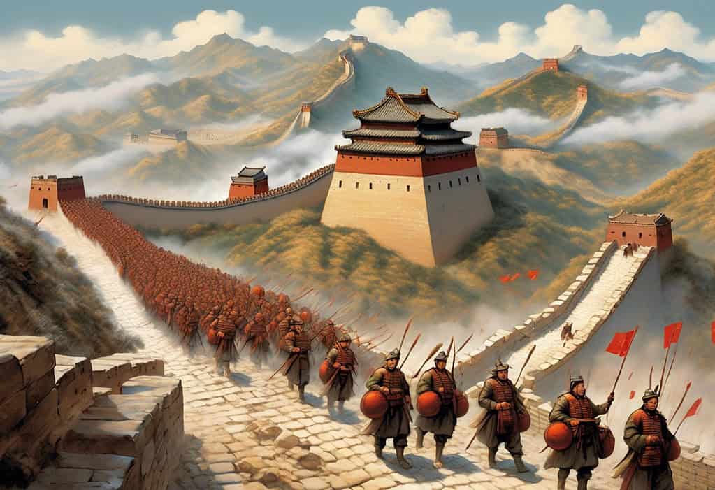 Army of workers, soldiers, and engineers constructing The Great Wall in 214 BCE