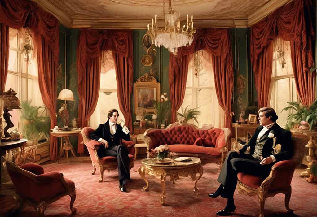 Victorian drawing room with characters from The Importance of Being Earnest