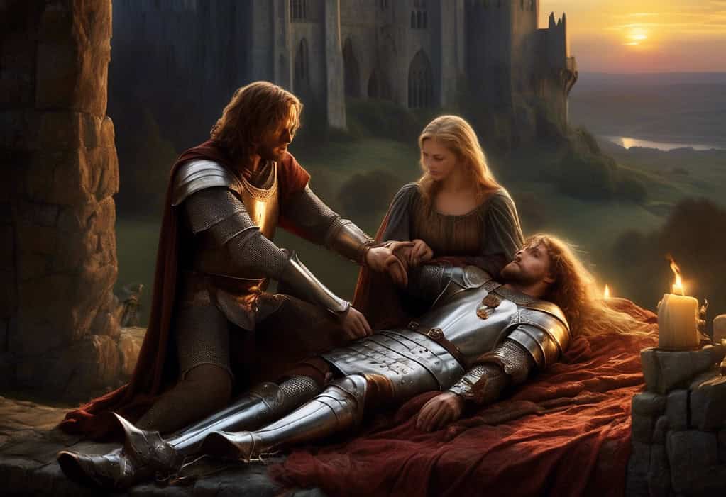 King Arthur cradling Sir Lancelot's lifeless body in Camelot