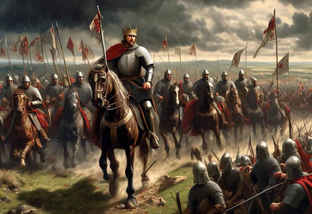 Illustration of King Edward I leading his troops in battle during the conquest of Wales