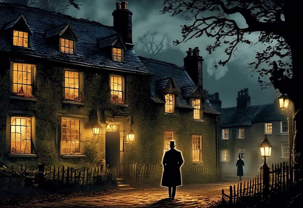 Sinister figure lurking in a picturesque English village under the dim light of a gas lamp.