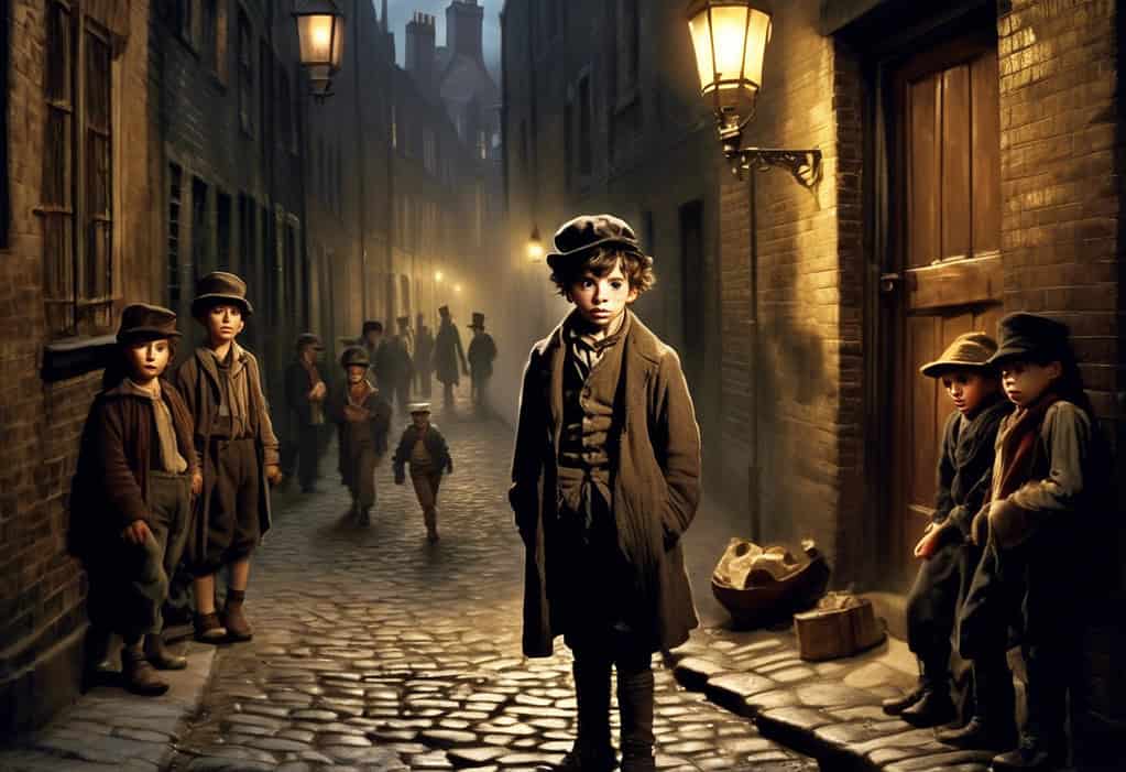 Oliver Twist orphan boy in 19th century London alley