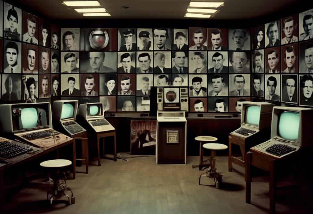 Vintage telescreen displaying Big Brother's face surrounded by surveillance cameras and propaganda posters