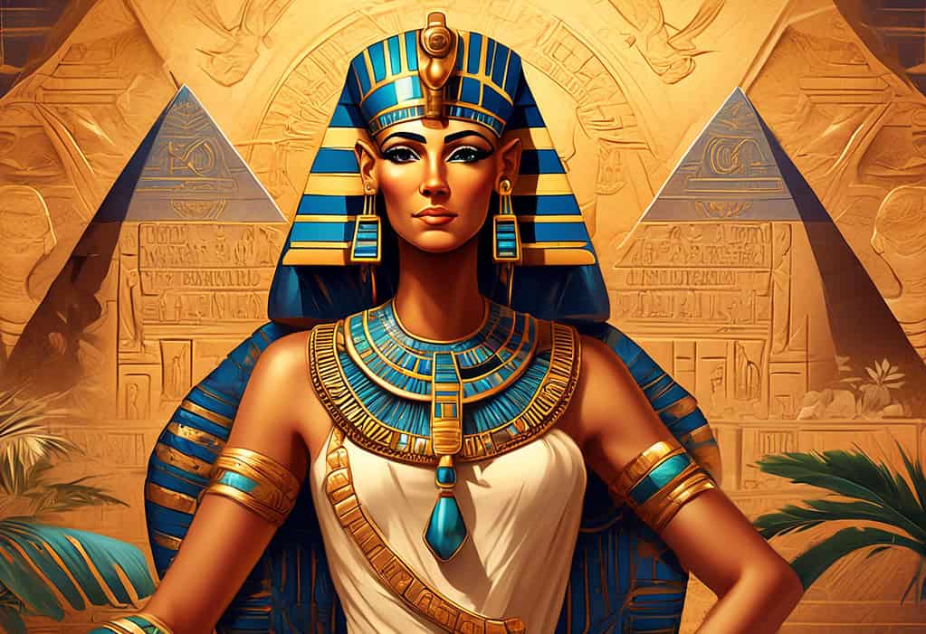 Illustration of Cleopatra VII, the Sphinx, and pyramids in ancient Egypt