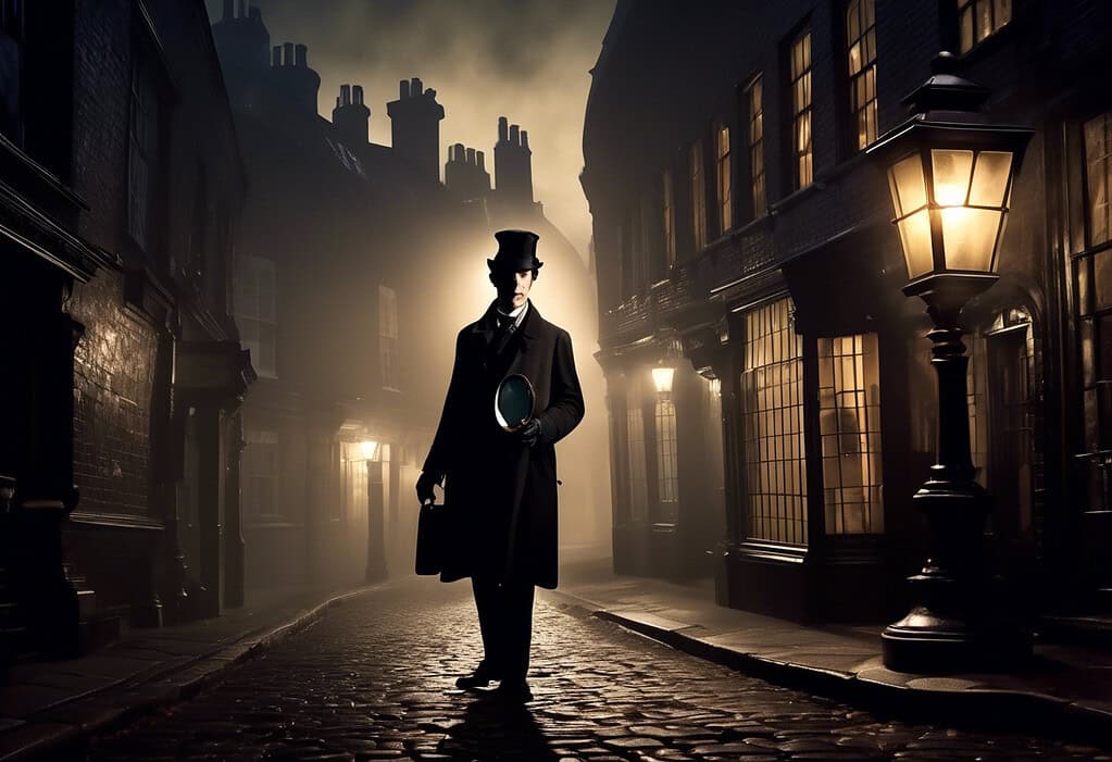 Sherlock Holmes and Dr. Watson investigating in Victorian London under a gas lamp