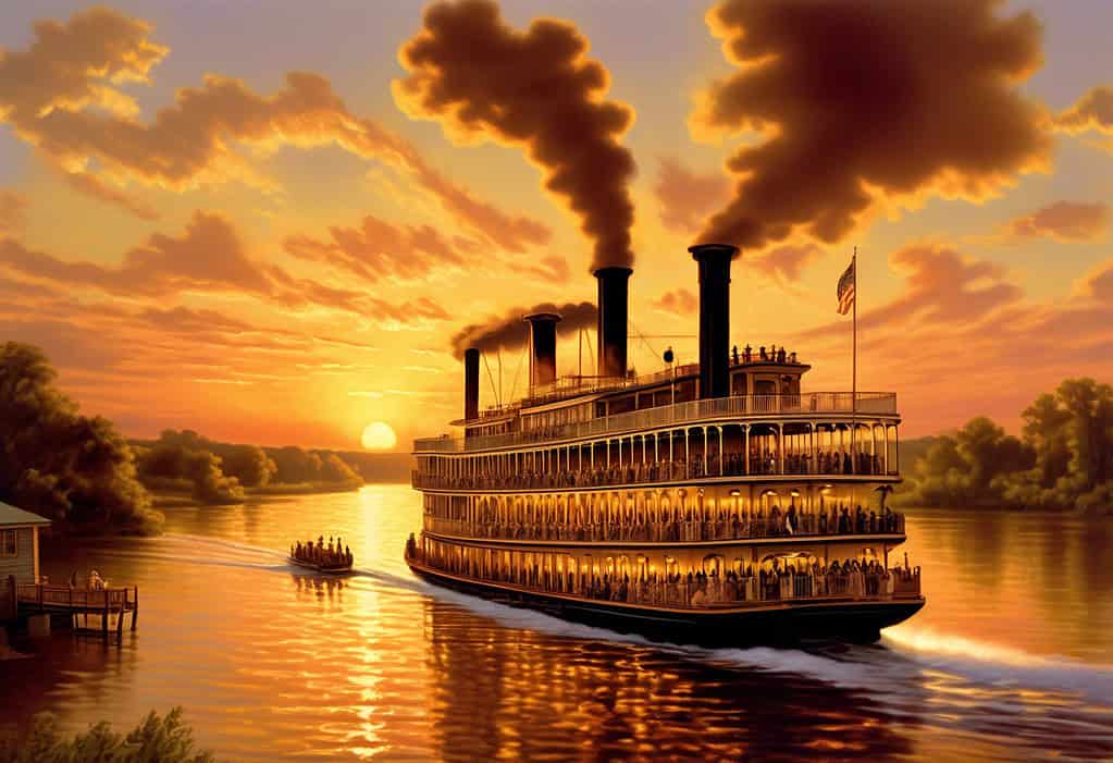 Steamboat on the Mississippi River at Sunset