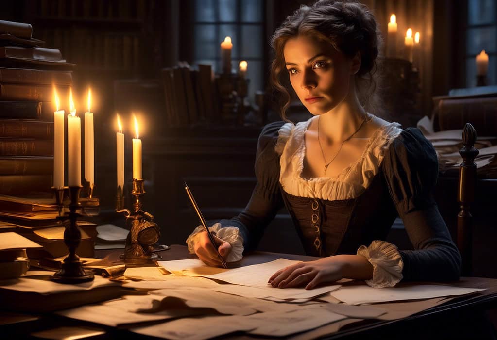 Victorian woman writing in dimly lit study