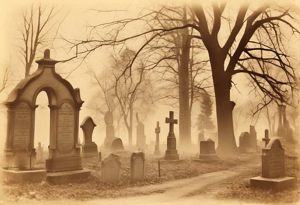 Vintage rural cemetery with mist hanging over weathered headstones