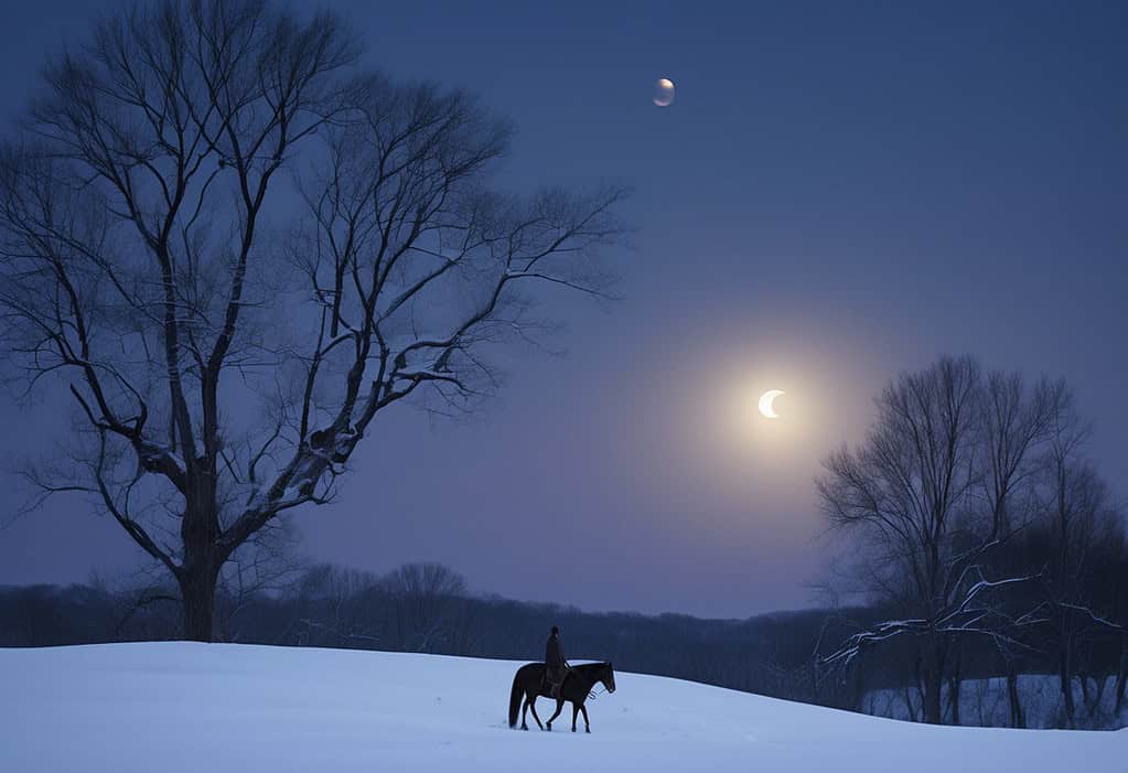 Winter scene in a rural New England town with a figure on horseback