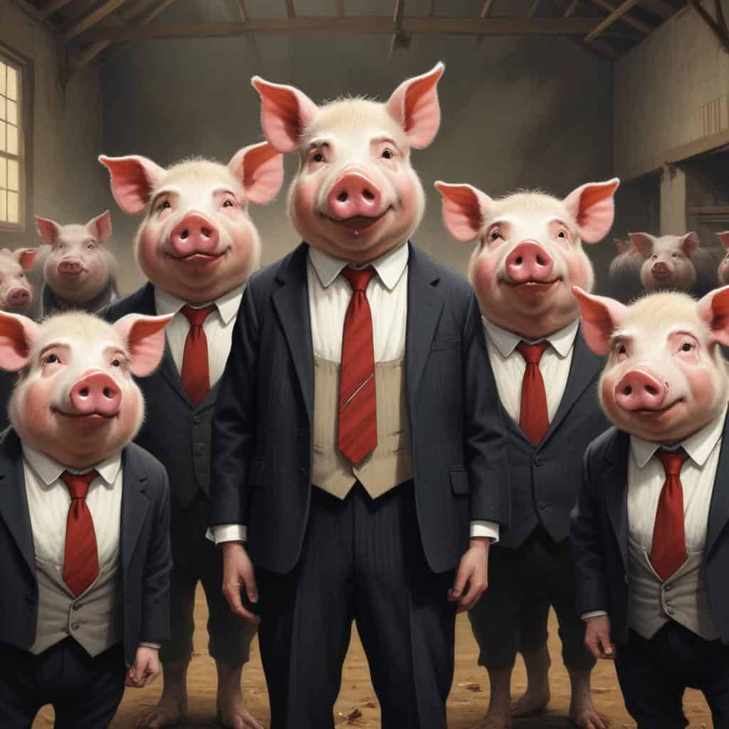 a group of pigs wearing suits and ties