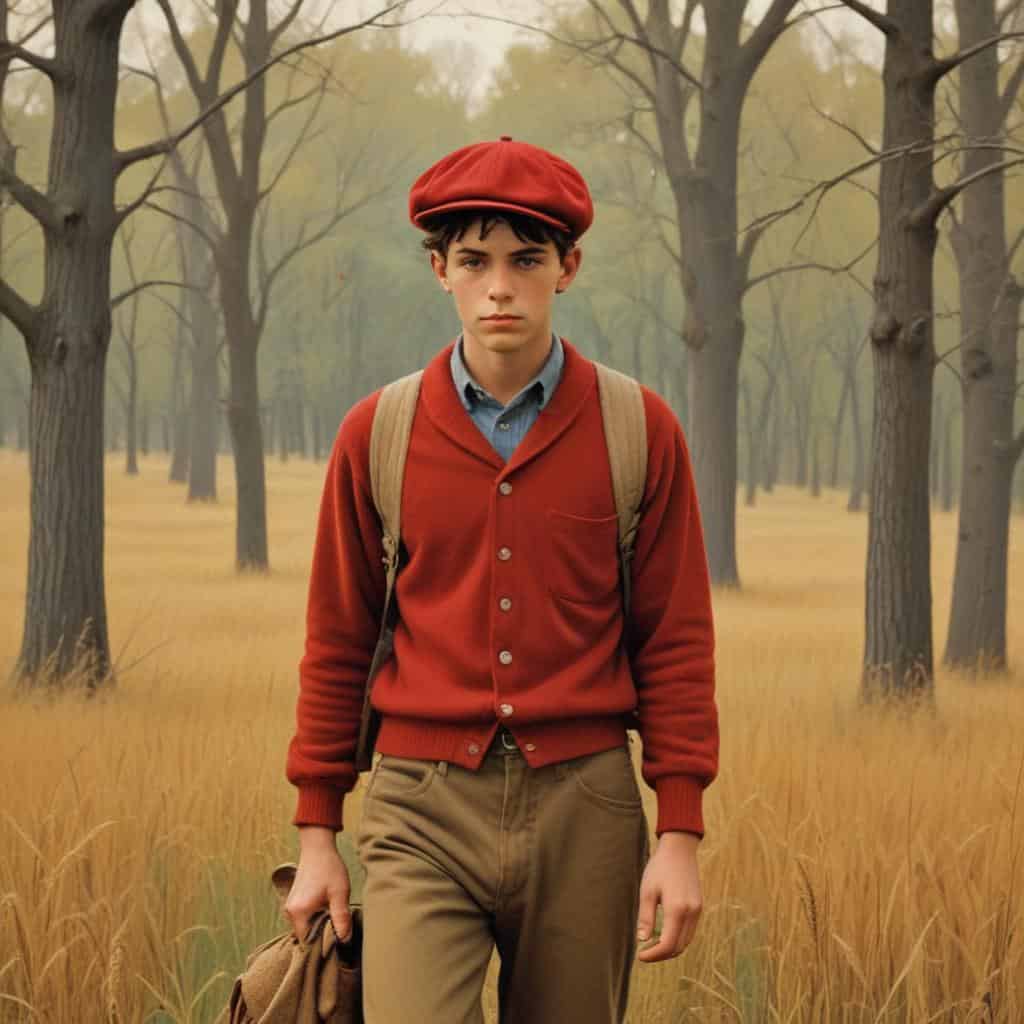 Holden from "Catcher in the Rye" in a red sweater and hat walking through tall grass