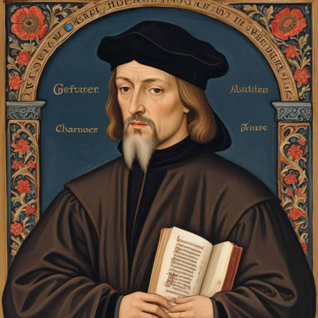 a painting of a Geoffrey Chaucer holding a book