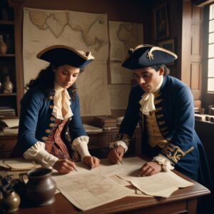 a man and woman in historical clothing sitting at a desksymbolizing the connection between learning history and career advancement