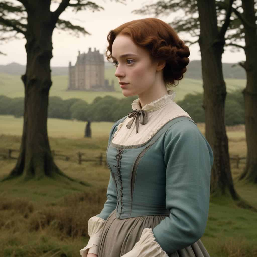 Jane Eyre in a dress standing in a field with trees and a castle in the background