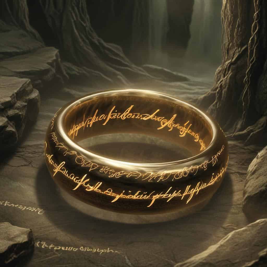 a gold ring with writing on it