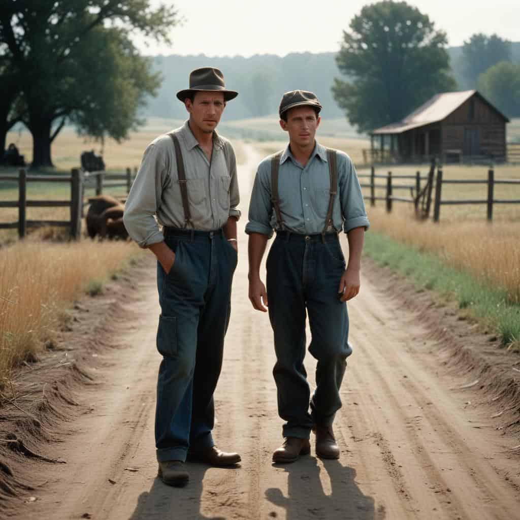 George and Lenny walking on a dirt road in a Brief summary of "Of Mice and Men"