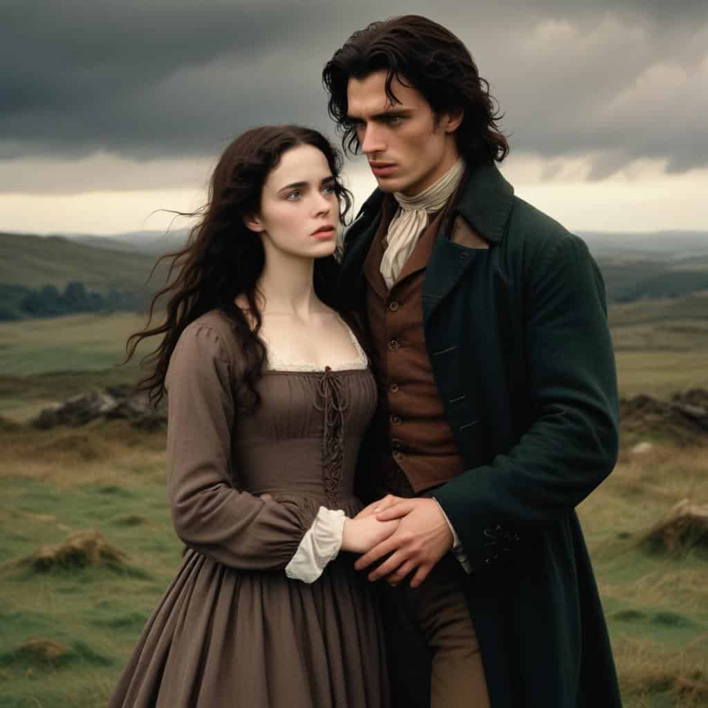 a man and woman standing in a field in a scene from Wuthering Heights