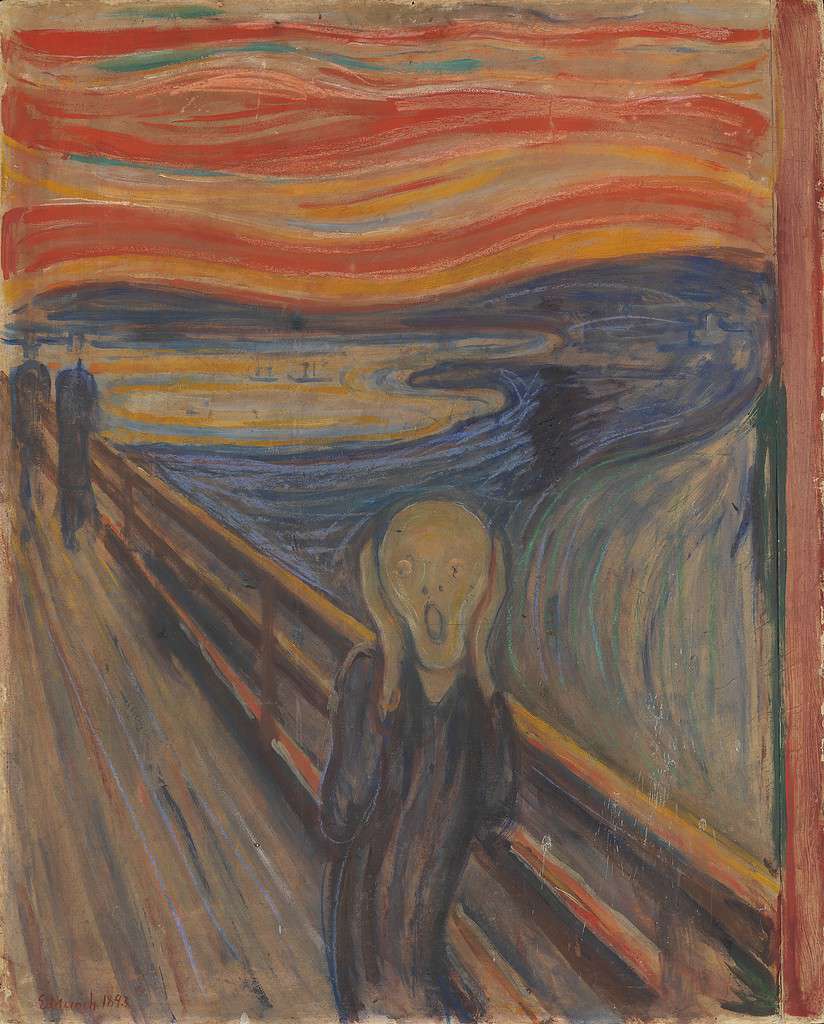 The Scream by Edvard Munch - a figure with a contorted face in a swirling background