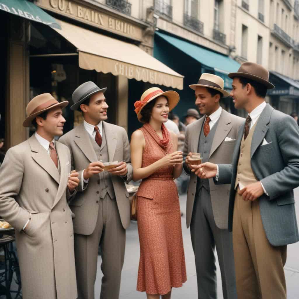 a group of people standing outside in 1920's Spain representing the summary of the sun also rises by Earnest Hemmingway