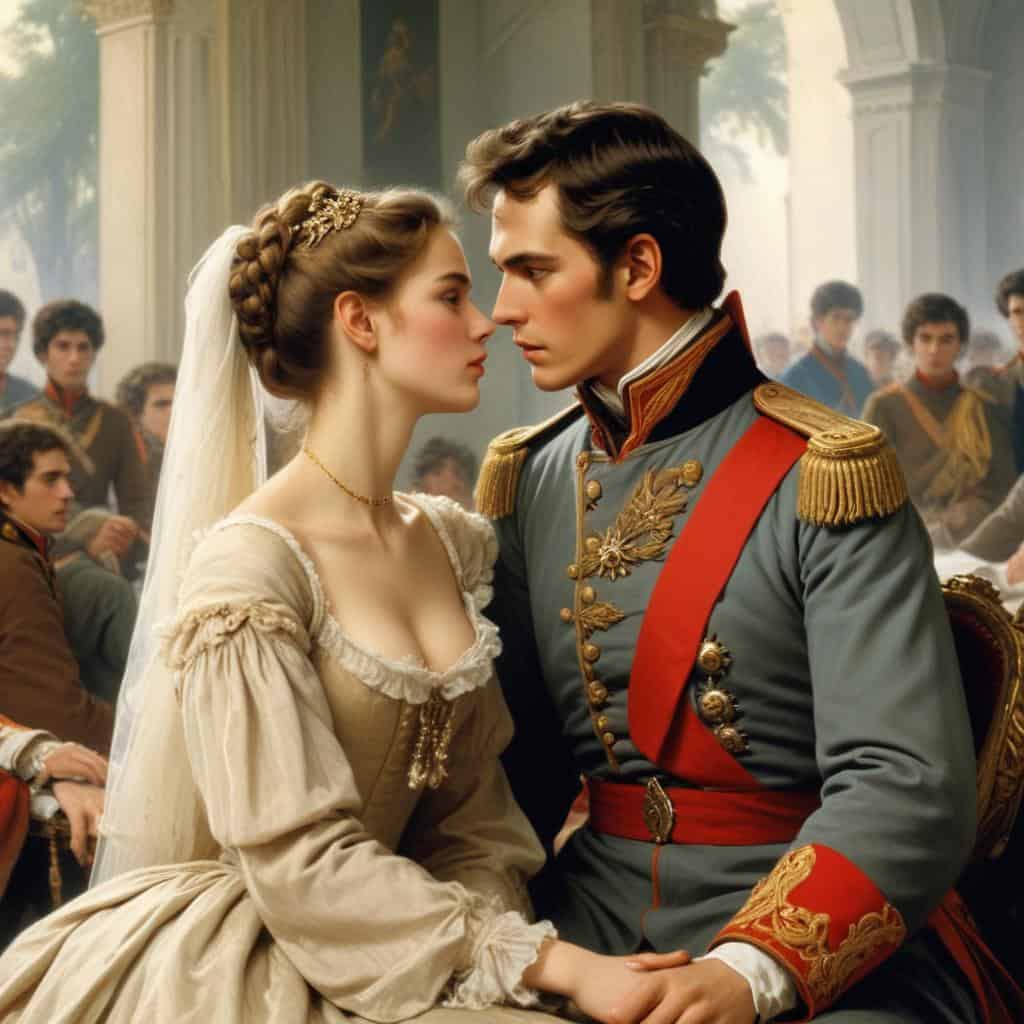 a man and woman in military uniform in a scene from a summary from War and Peace