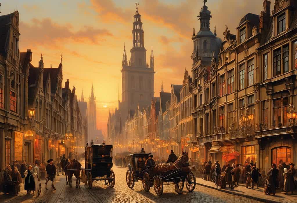 17th Century Antwerp Street Sunset Scene