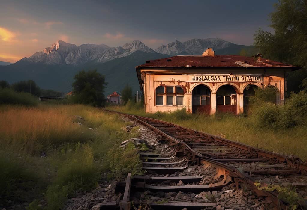 Abandoned Yugoslavian train station with broken windows and overgrown tracks