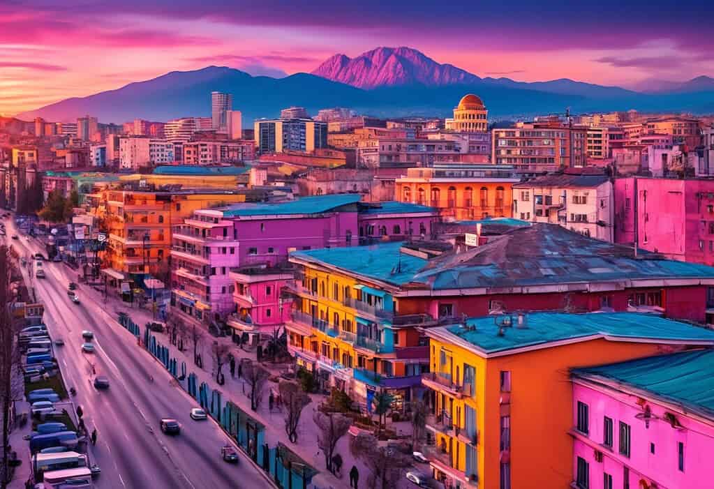 Vibrant sunset over colorful buildings in Tirana, Albania