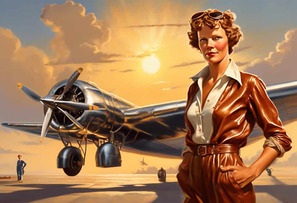 Amelia Earhart and Lockheed Electra airplane in front of a sunset