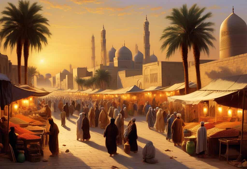 Ancient Baghdad marketplace at sunset