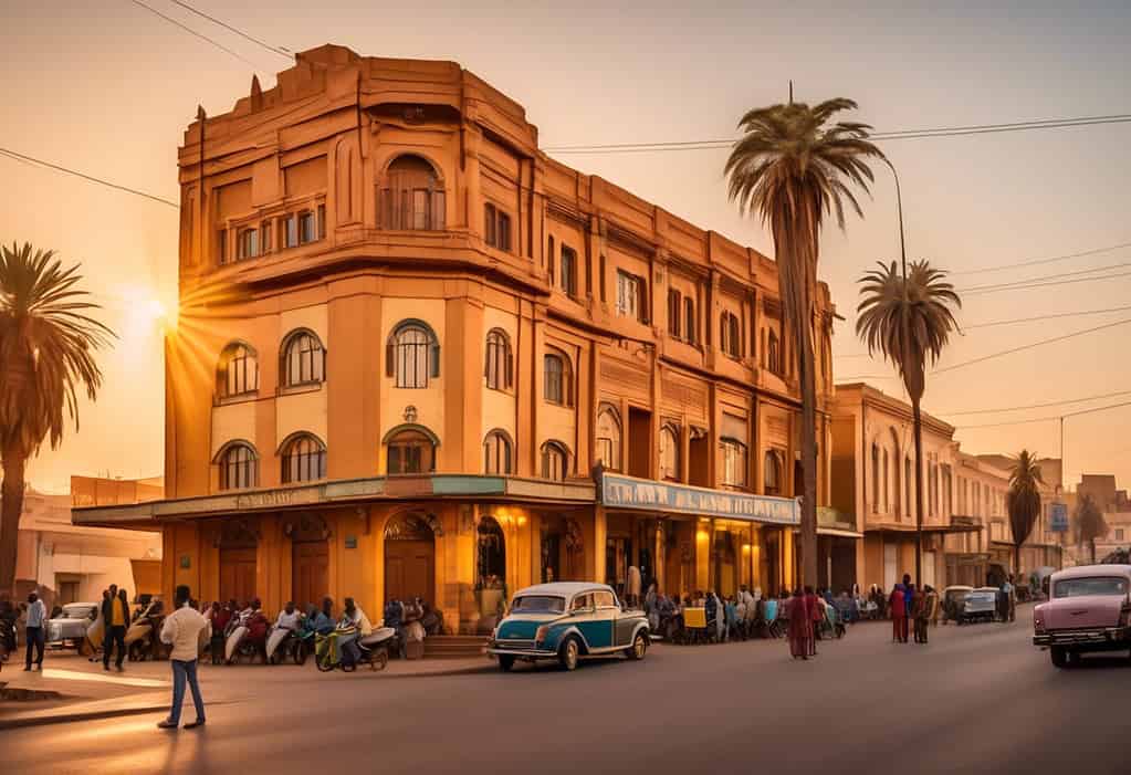 Asmara Eritrea art deco buildings at golden hour