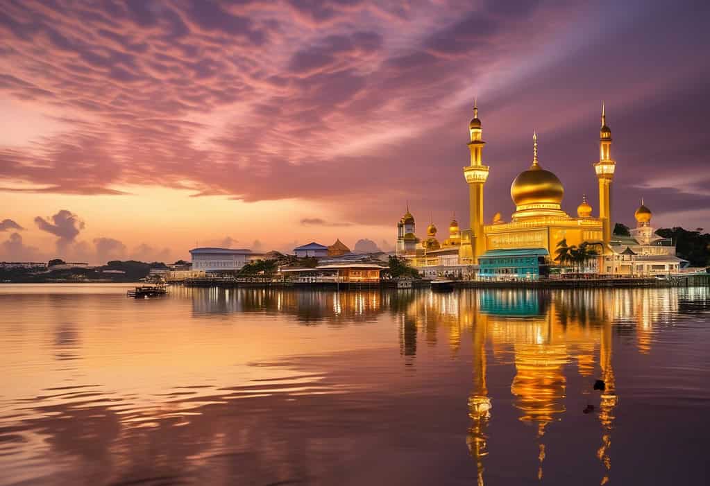 Sunset view of the Sultan Omar Ali Saifuddien Mosque and traditional water villages in Bandar Seri Begawan, Brunei