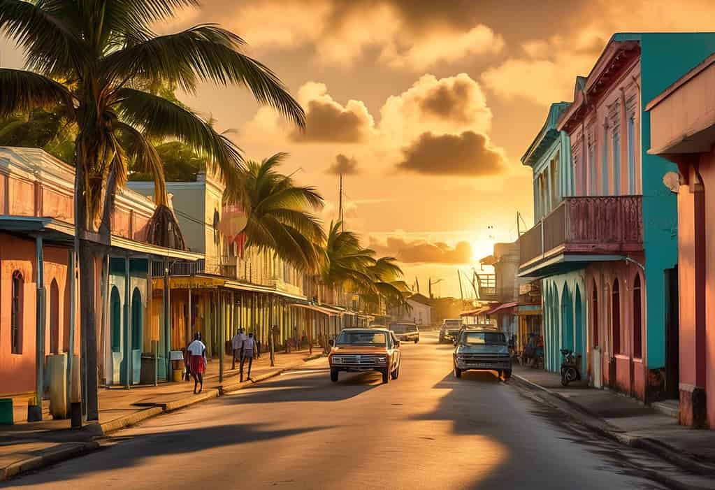 Belize City morning scene with colorful buildings and palm trees